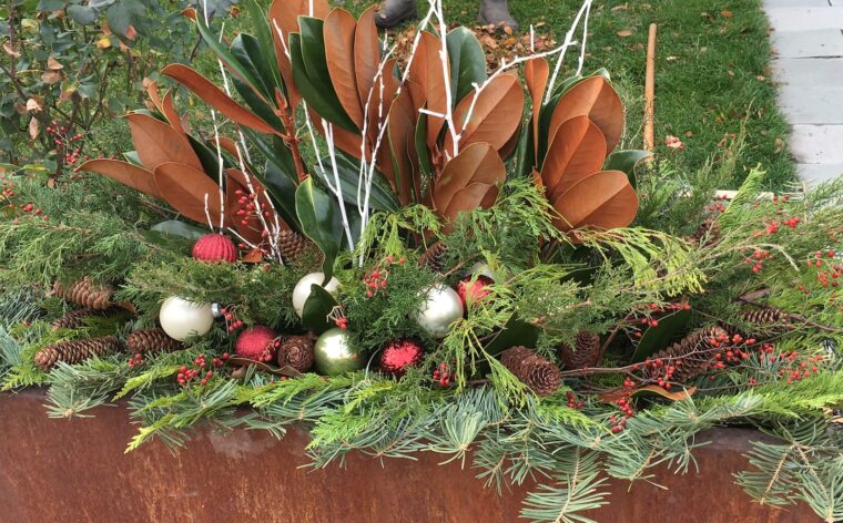 Mix of pine, magnolia leaves, pine cones, rose hips, and ornaments in metal garden planter